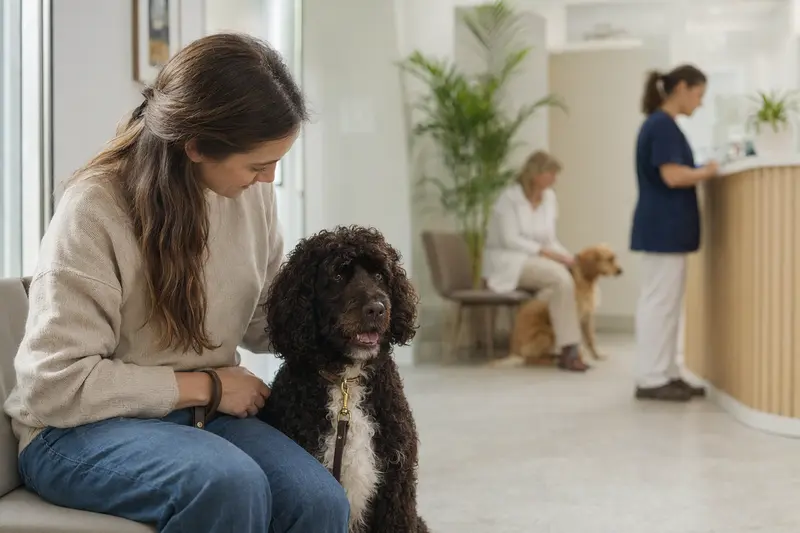 Ein Amerikanischer Wasserspaniel sitzt entspannt neben seinem Besitzer im Wartezimmer einer modernen Tierarztpraxis.